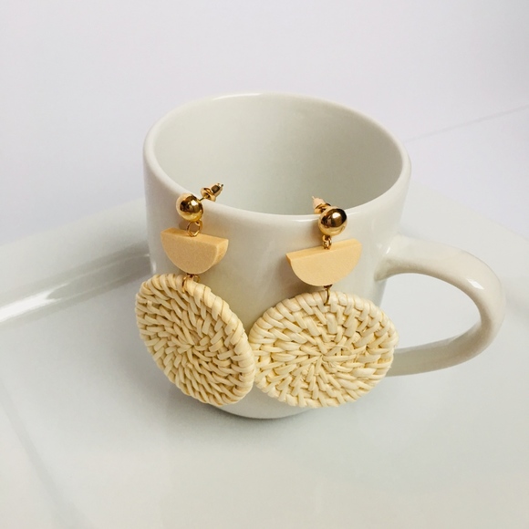 Rattan Geometric Dangle Earrings with Gold Accent - Picture 3 of 4